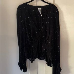 Long sleeve v neck sheer blouse with moon print